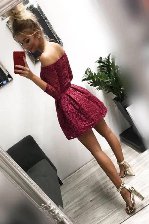 Cute Off the Shoulder Long Sleeves Burgundy Lace Homecoming Dresses Sweet 16 Dresses SRS14972