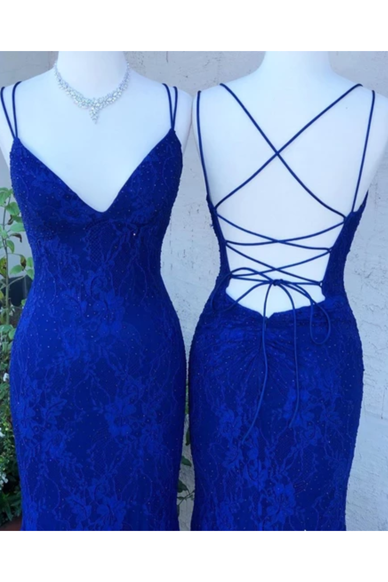 Spaghetti Crossed Straps Royal Blue Mermaid Prom Dresses V Neck Lace Formal Dresses