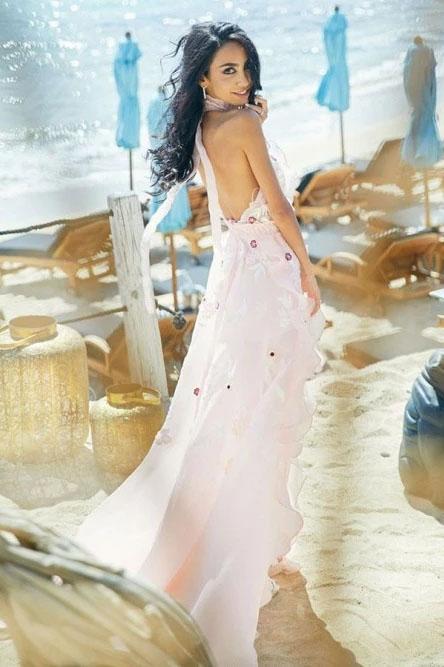 Boho Halter Backless Light Pink Chiffon Beach Wedding Dresses with Appliques Ruffles SRS15082