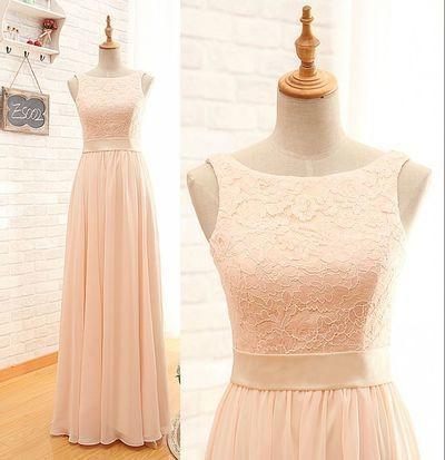 Blush Pink Lace Chiffon Scoop Sleeveless A-Line Zipper Floor-Length Long Bridesmaid Dresses RS34