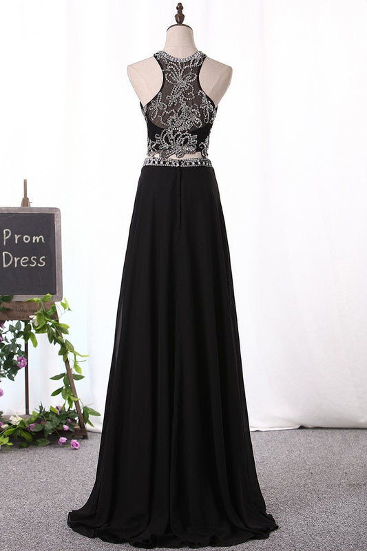 2024 A Line Prom Dresses Scoop Beaded Bodice Chiffon Two Pieces