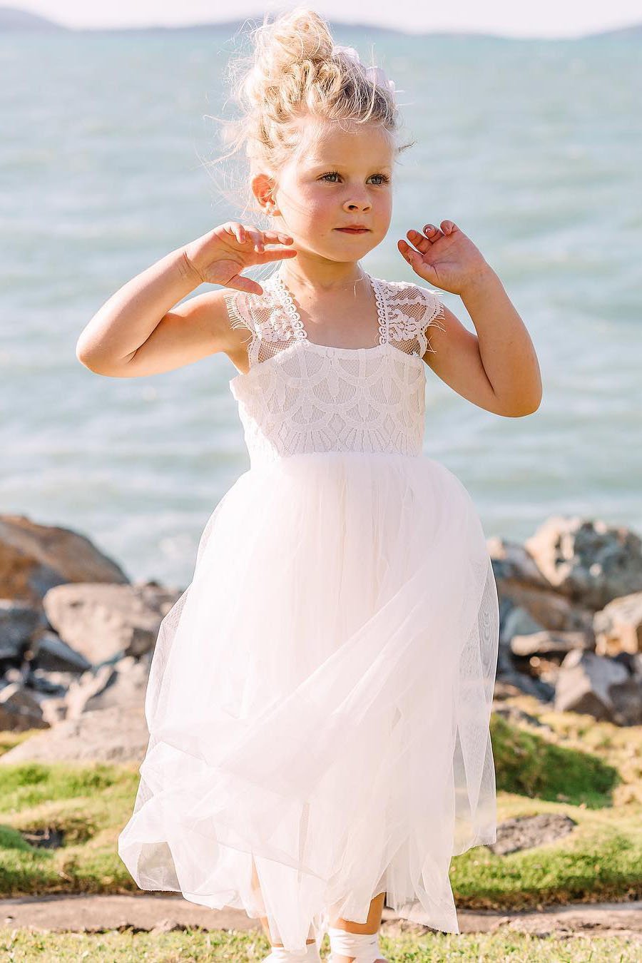 Cap Sleeves Lace Top Tulle Skirt Flower Girl Dresses, Beach Cute Little Girl Dresses SRS15567