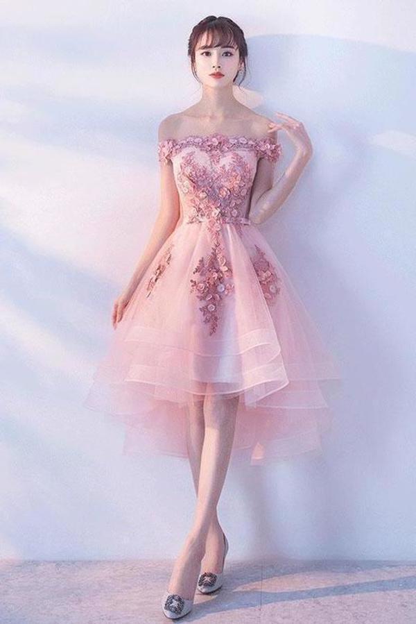 Pink Lace Tulle Short Prom Dress Off-the-Shoulder Appliques Lace up Homecoming Dresses SRSPST13190