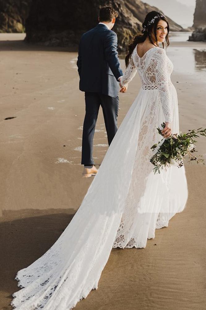 Charming A Line Long Sleeves V Neck Lace Ivory Beach Wedding Dresses, Bridal SRS15623