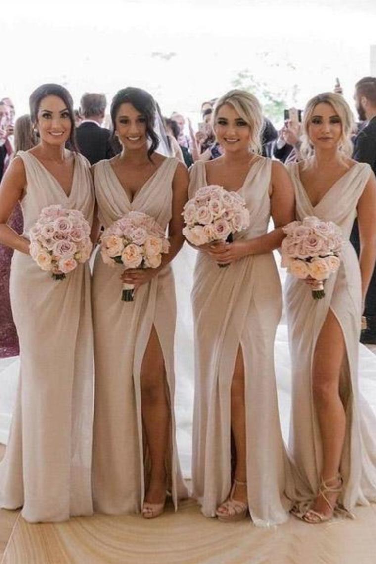 Simple V Neck Sleeveless Sheath Cheap Pleated Long Bridesmaid Dresses With Slit