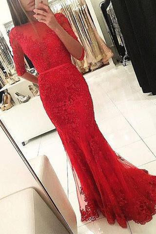 Graceful Red Beaded Lace Long Half Sleeve Backless Floor Length Mermaid prom Dresses RS703