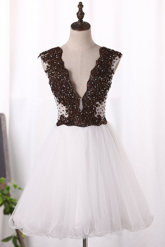 2024 V Neck Beaded Bodice Homecoming Dresses A Line Tulle Short/Mini