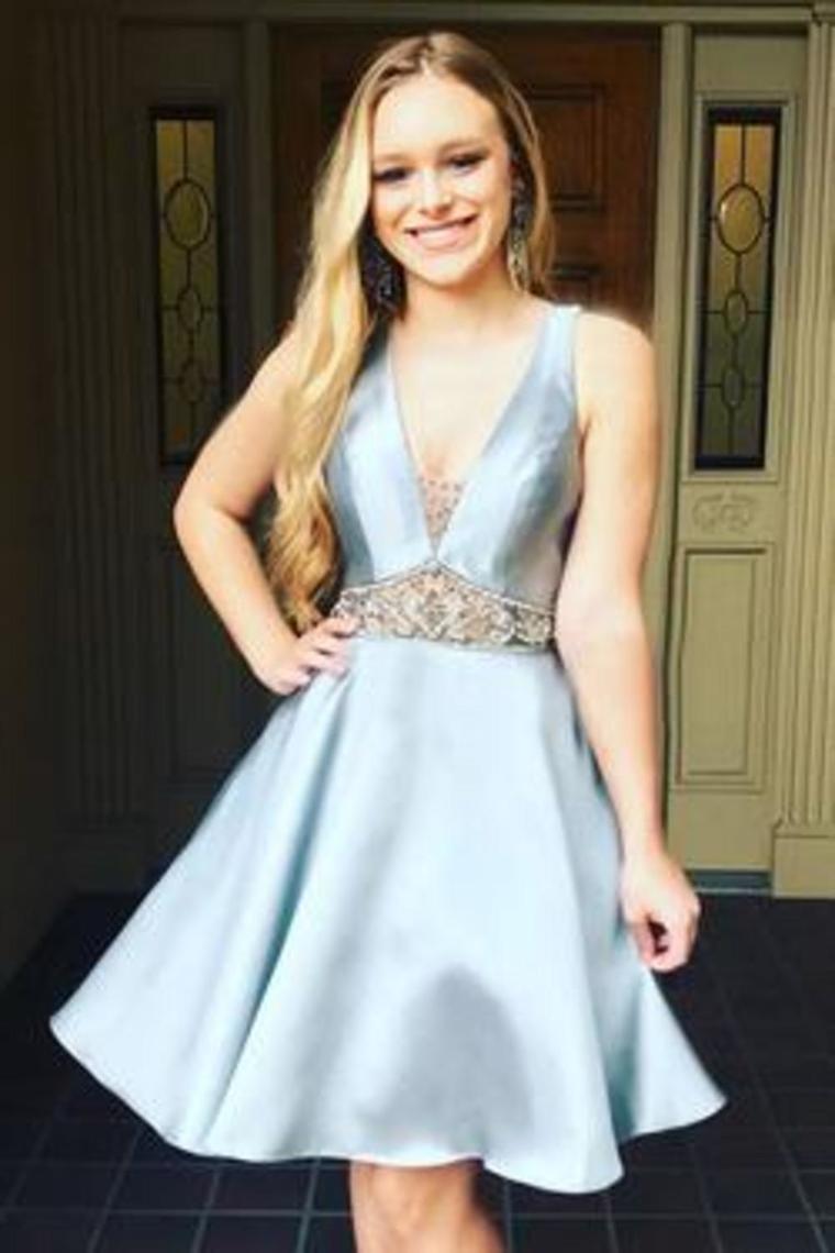 Buy A Line V Neck Light Sky Blue Satin Homecoming Dress With Beading