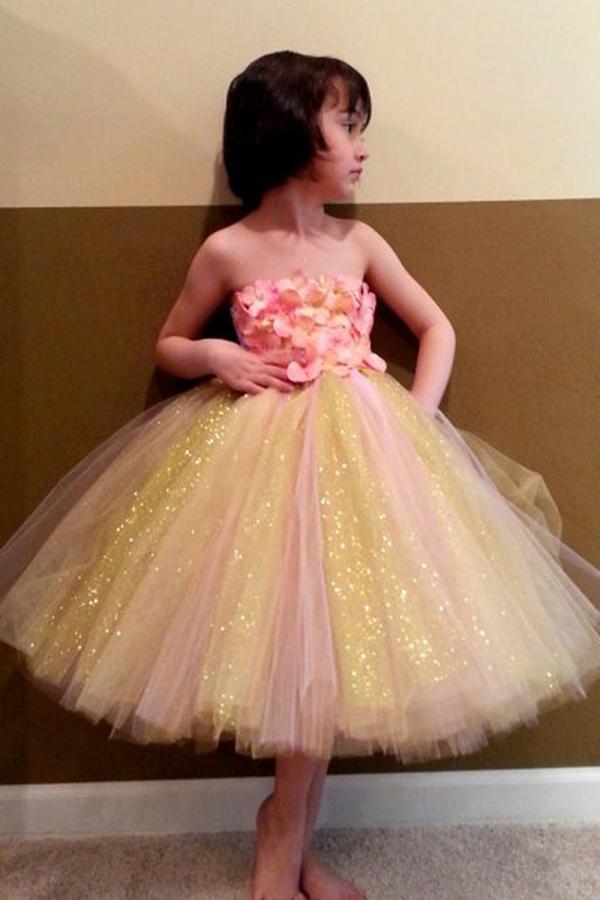 Sweet Ball Gown Strapless Tulle Ankle-length Bowknot Ribbons Multi Flower Girl Dresses RS734