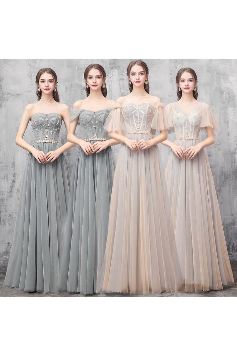 Elegant V Neck Floor Length Tulle Prom Dress, Bridesmaid Dresses