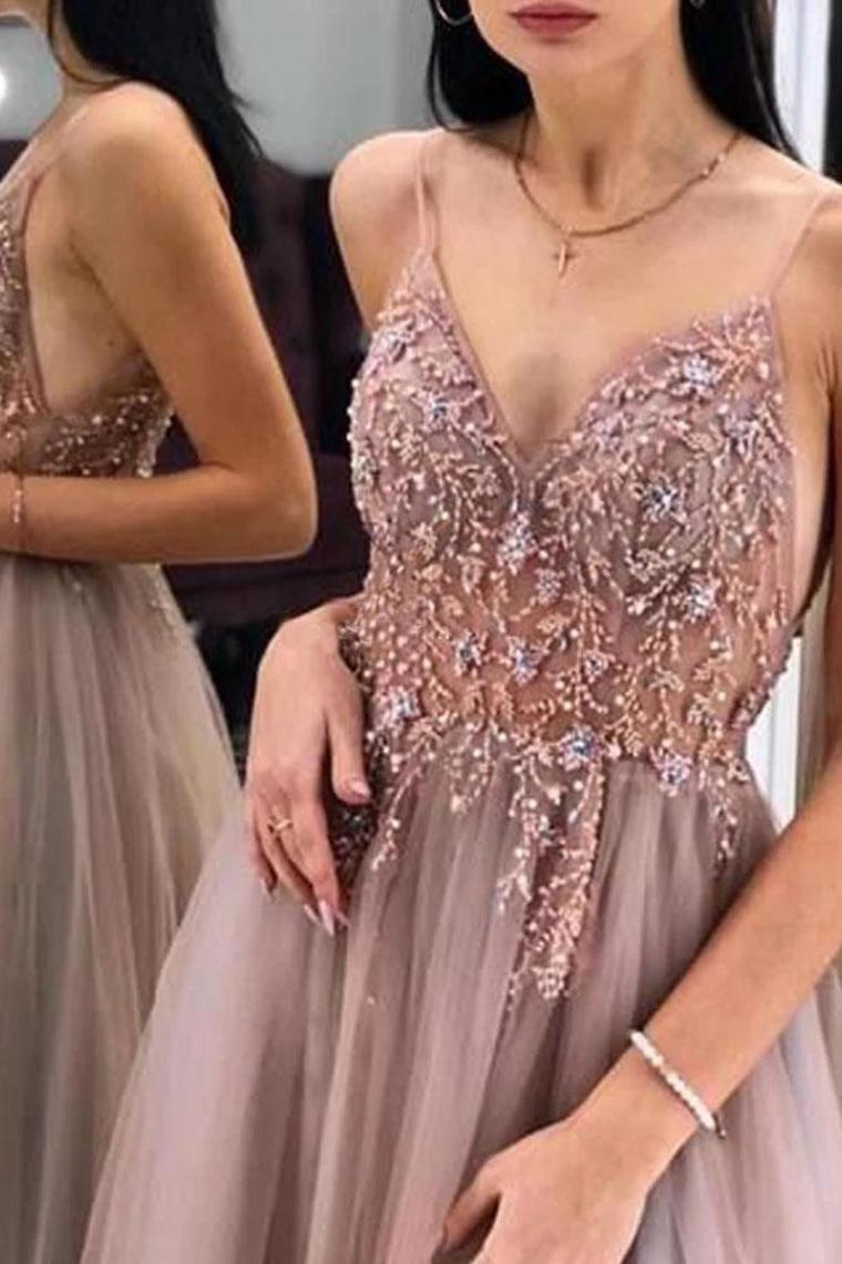 Gorgeous A-Line Spaghetti Straps V Neck Tulle Prom Dresses