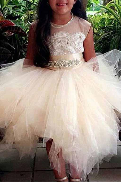 A-Line Tulle Beads Appliques Scoop Blush Pink Button Cap Sleeve Flower Girl Dresses RS888