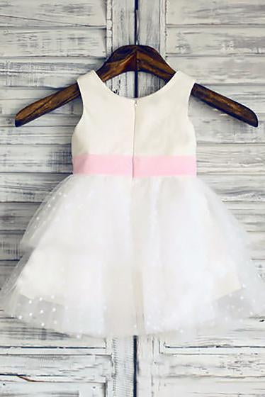 Ball Gown Scoop Neck Tulle Ivory Elastic Woven Satin Short Mini Tiered Flower Girl Dresses RS735