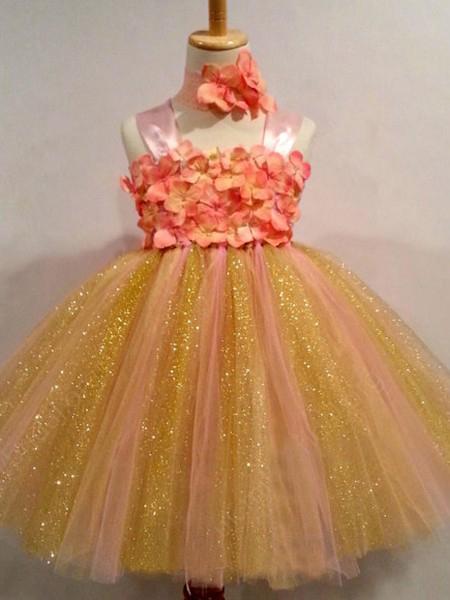 Sweet Ball Gown Strapless Tulle Ankle-length Bowknot Ribbons Multi Flower Girl Dresses RS734