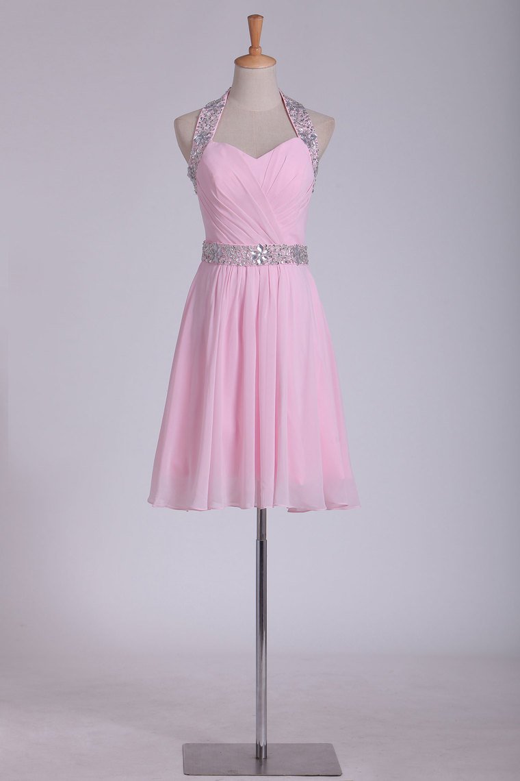 2024 Short/Mini Halter Homecoming Dresses Chiffon With Beading A Line