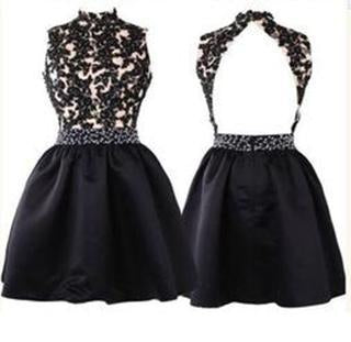 Elegant Short Open Back Lace Black Fitted Halter Cute Mini Homecoming Dresses RS245