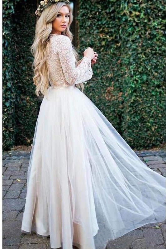 Princess Long Sleeve Lace Top Beach Wedding Dresses With Slit Tulle Ivory Wedding Gowns SRS15299