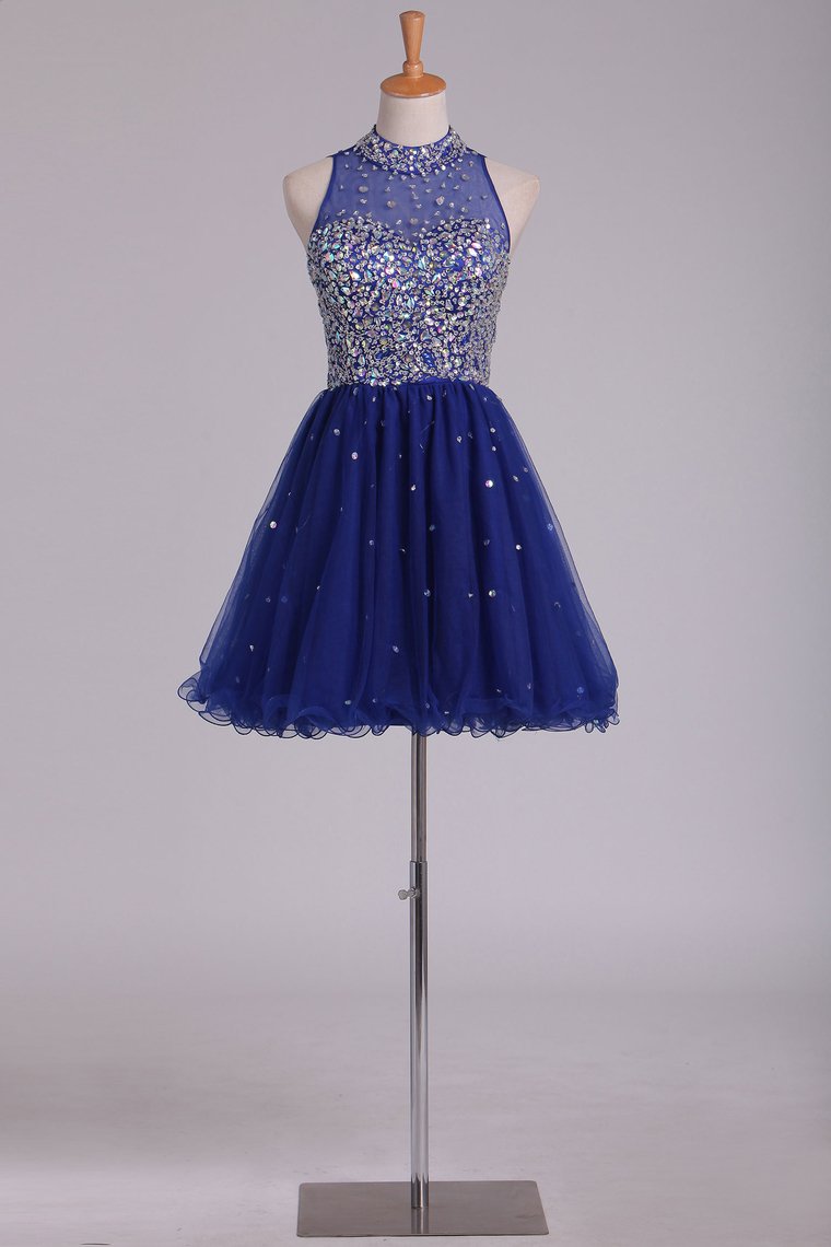 2024 High Neck Homecoming Dresses Beaded Bodice A-Line Dark Royal Blue Tulle Short/Mini