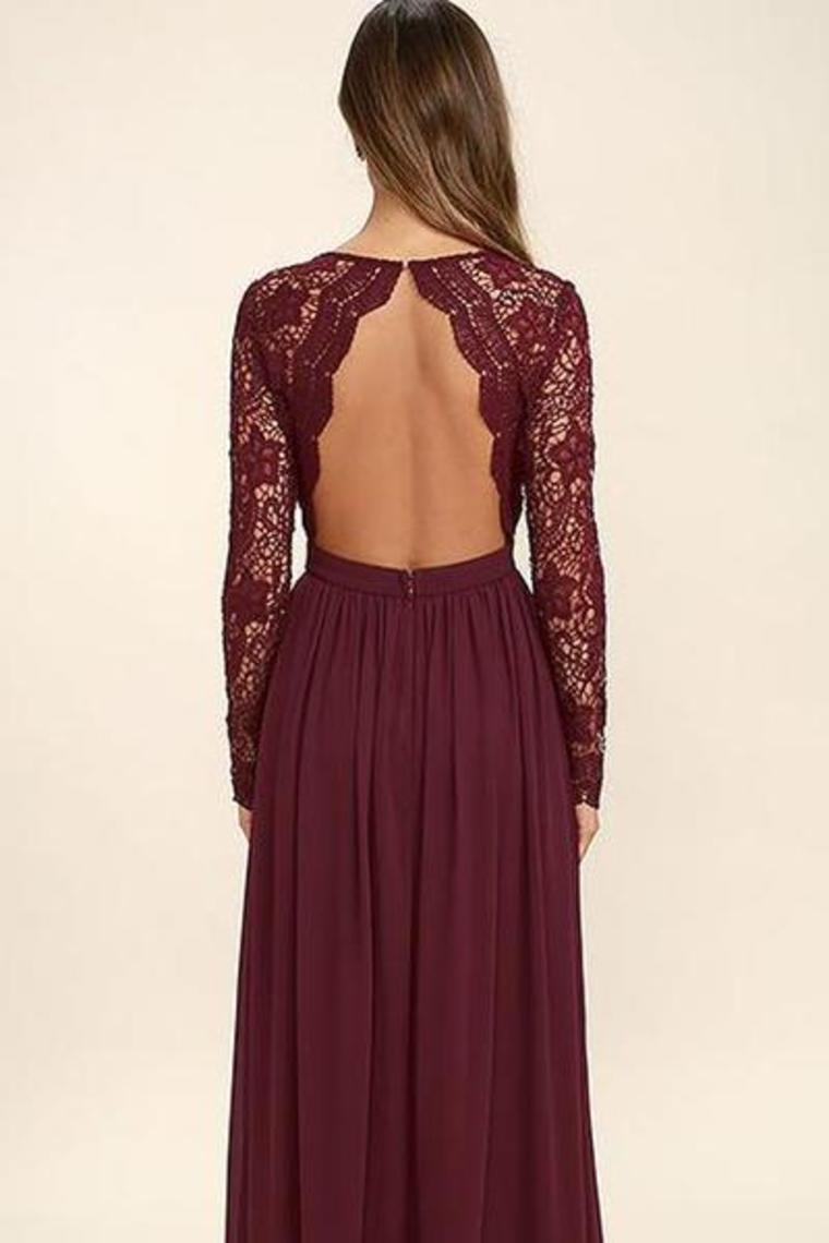 Long Sleeves V-Neck Lace Chiffon A-Line Maroon Prom Dresses Bridesmaid Dresses