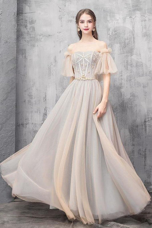 Elegant Off Shoulder Floor Length Tulle Prom Dress, Bridesmaid Dresses