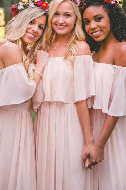 Simple Pink Off the Shoulder Pink Ruffles Long Bridesmaid Dresses GD00003