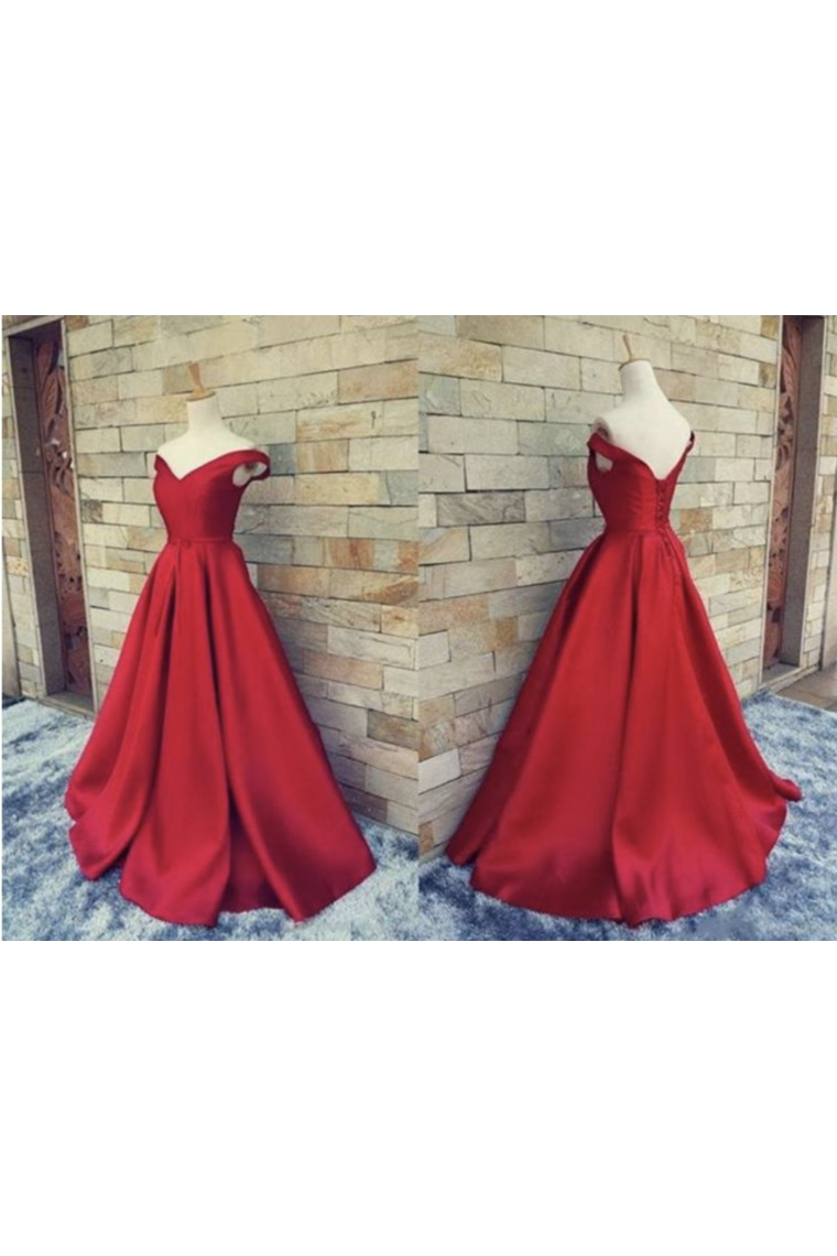 2024 Off The Shoulder Prom Dresses Satin Red Sweep Train Lace Up Back