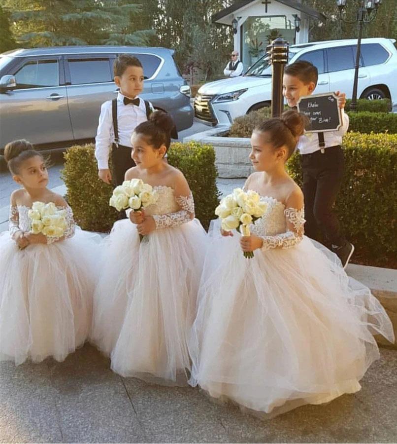 Ball Gown Long Sleeve Tulle Appliques Flower Girl Dresses with Bowknot, Baby Dresses SRS15560