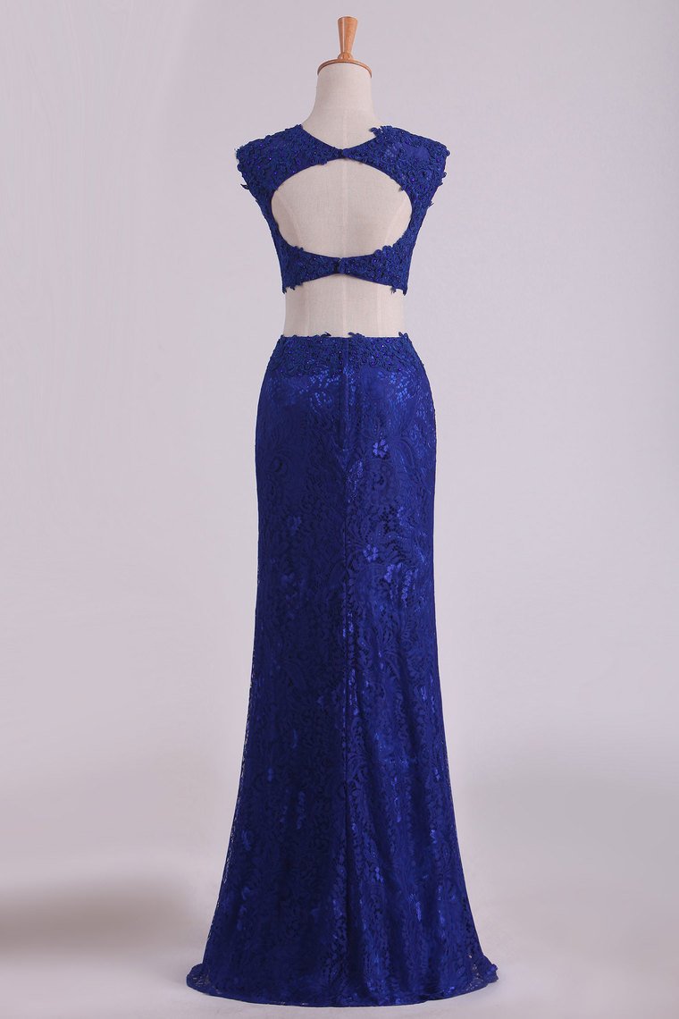 2024 Sheath Open Back Two Pieces Prom Dresses Lace With Applique & Beading Dark Royal Blue