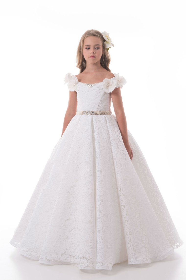 2024 Off The Shoulder A Line Lace Flower Girl Dresses With Handmade Flowers