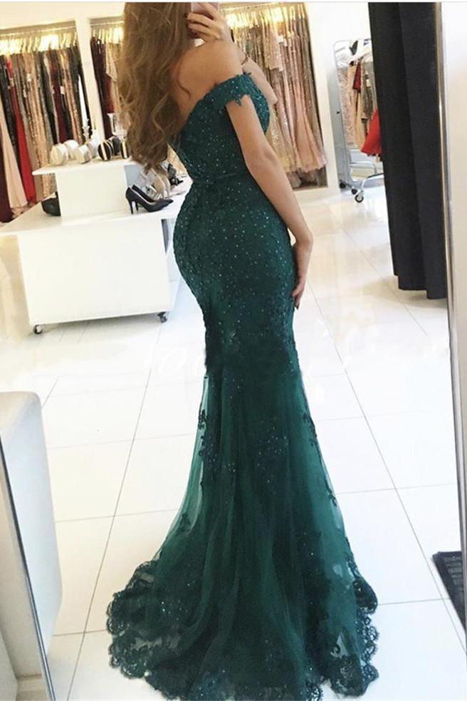 Elegant Emerald Green Off Shoulder Lace Mermaid Beads Sweetheart Prom Dresses RS412