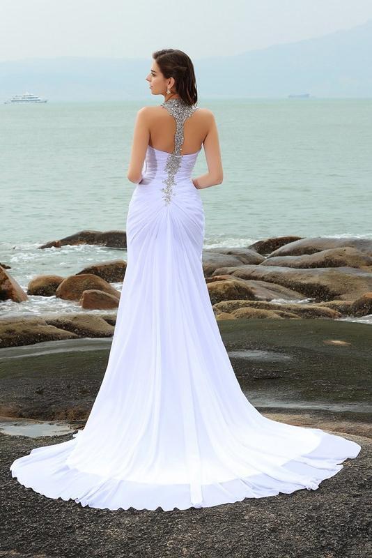 Sheath Straps Beading Long Halter Chiffon Slit Sweetheart Beach Wedding Dresses RS560