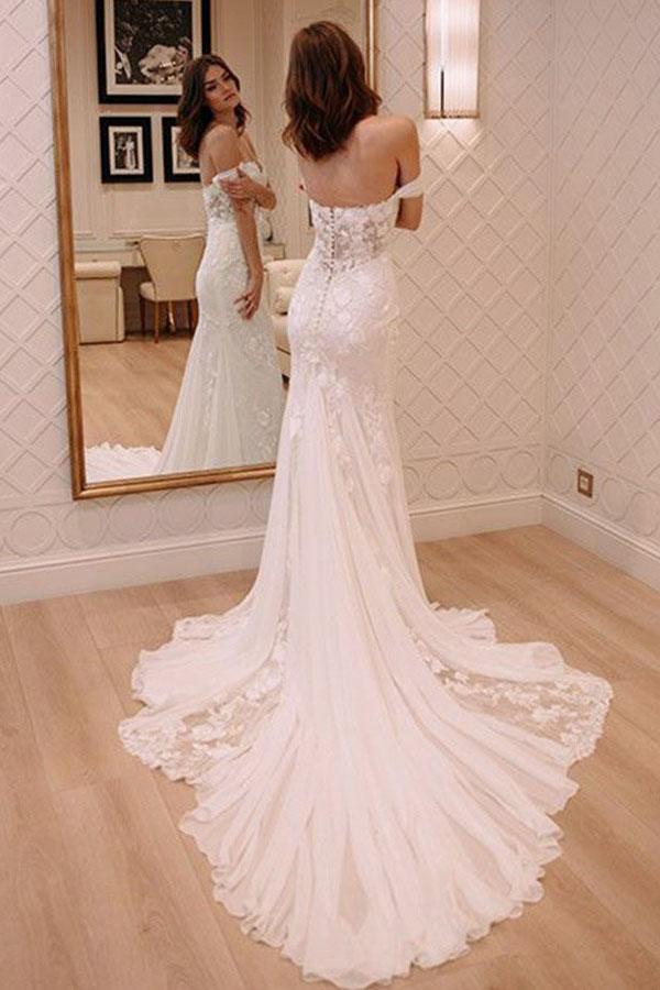 Sheath Off-the-Shoulder White Mermaid Chiffon Lace Appliques Beach Wedding Dresses RS328