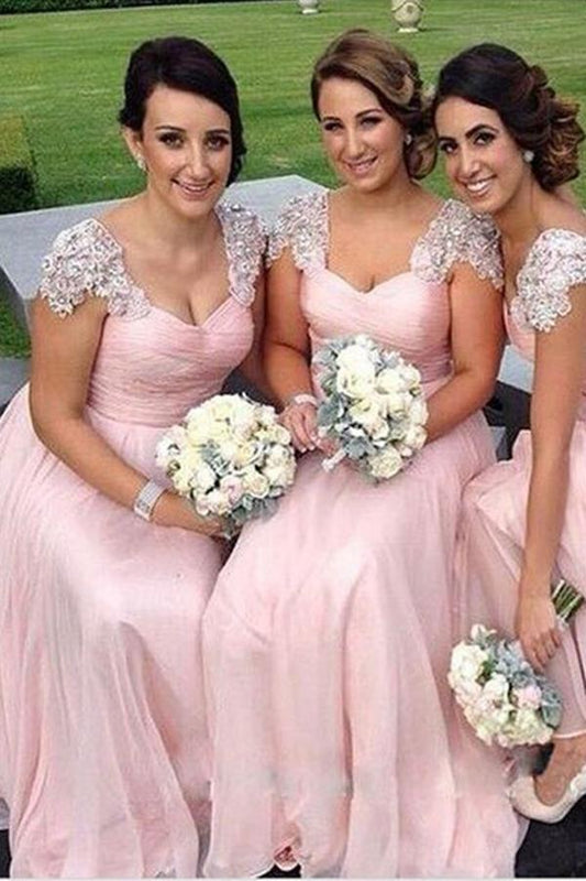 A-Line Pink Princess Cap Sleeves Sweetheart Floor-Length Beads Chiffon Bridesmaid Dresses RS509