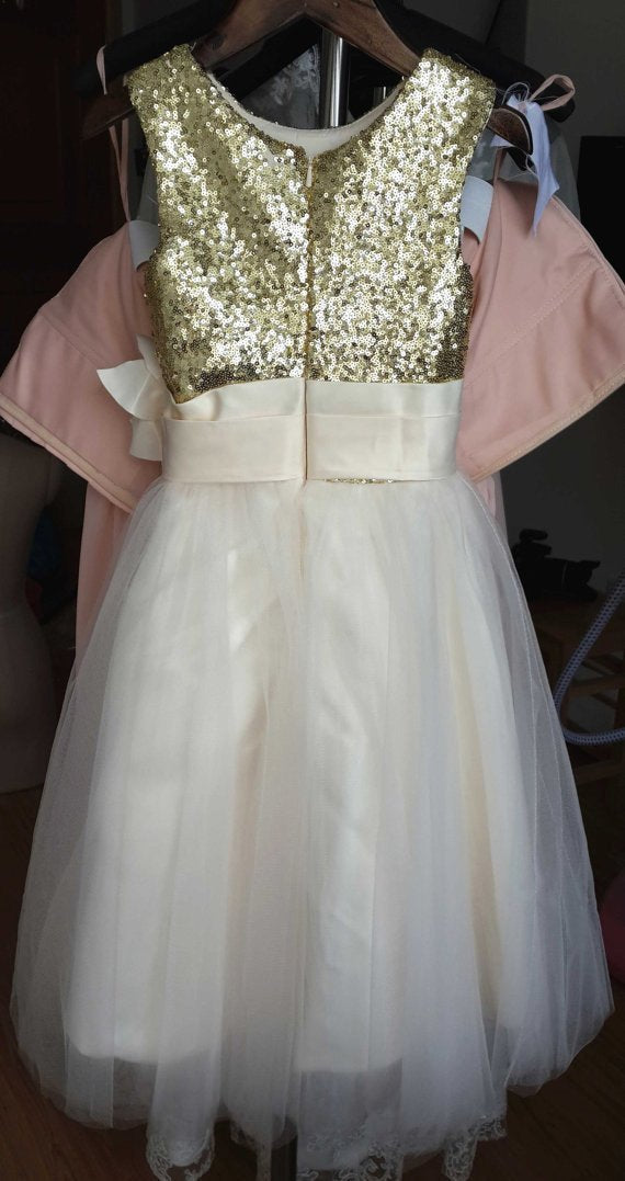 Gold Sequin Cream Tulle Ivory Scoop Flower Girl Dress with Flower Dress for Wedding Party RS775