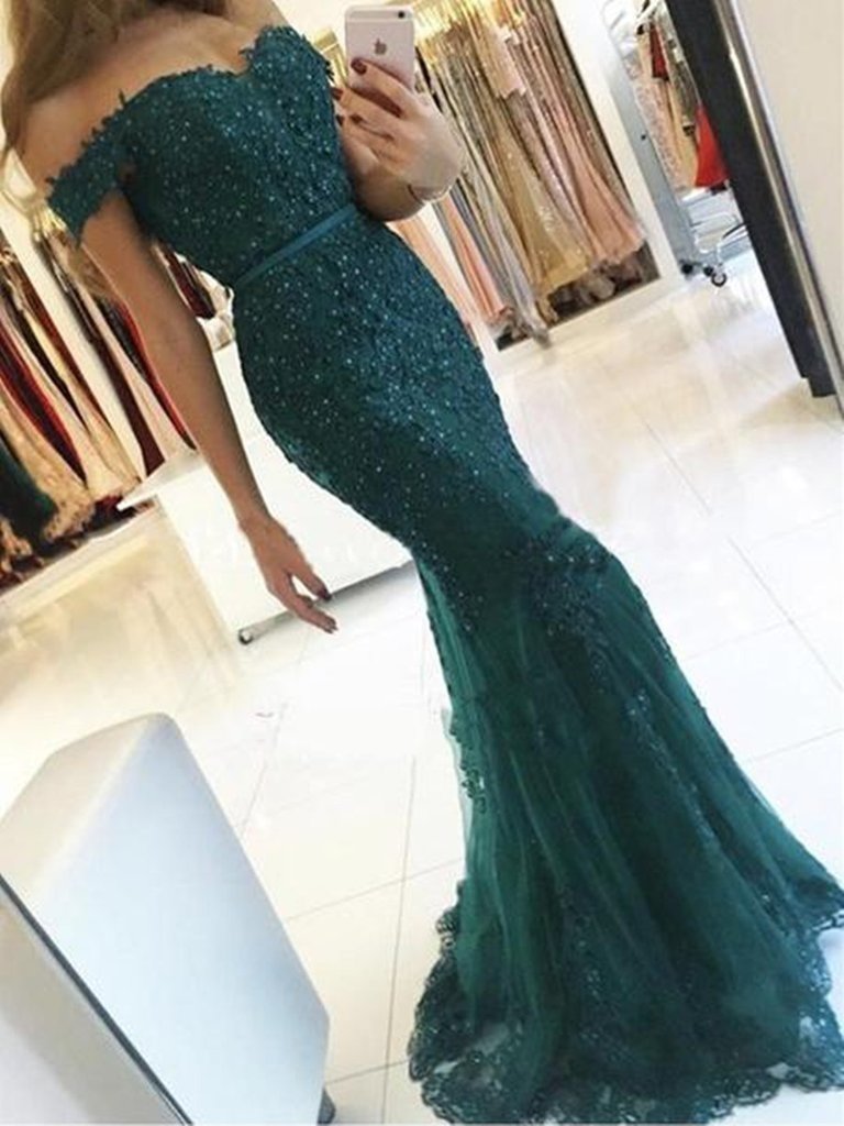 Elegant Emerald Green Off Shoulder Lace Mermaid Beads Sweetheart Prom Dresses RS412