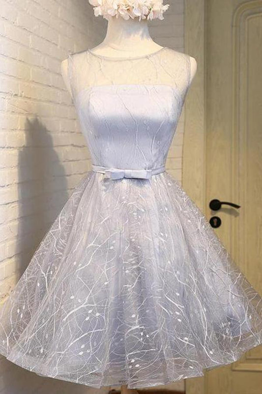 Cute Silver A Line See Through Scoop Organza Top Cheap Lace up Homecoming Dresses RS866