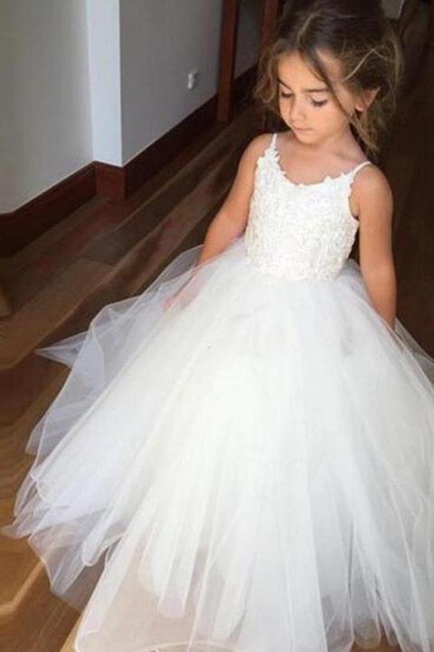 A Line Spaghetti Straps Lace Top Ivory Tulle Flower Girl Dresses For Wedding Party RS773