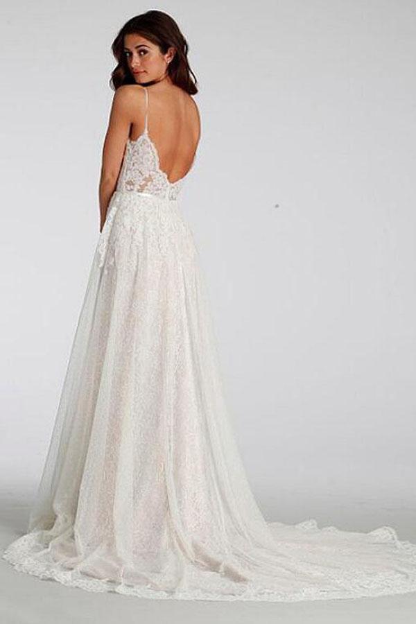 Chic A-Line Sweetheart Backless Lace Beach Spaghetti Straps Long Wedding Dresses RS375