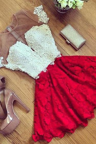 Cute Red Lace Short Sleeve Knee Length Homecoming Dress Cheap Cocktail Dresses RS470