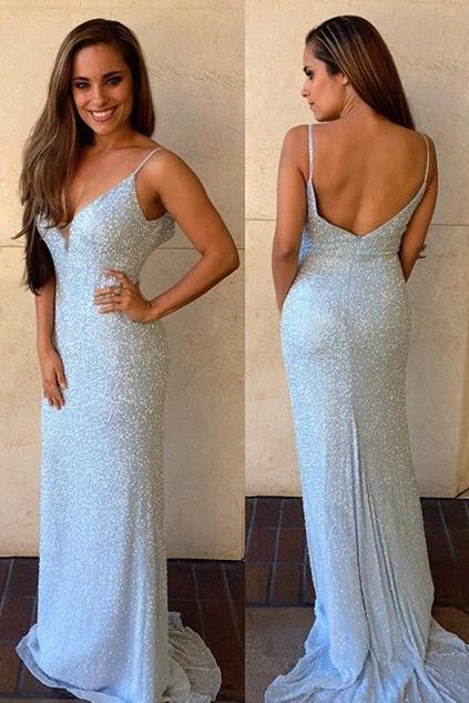 Cheap Floor-Length Sleeveless V-Neck Mermaid Backless Spaghetti Strap Prom Dresses RS615