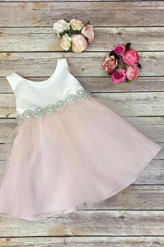 2024 Scoop Bowknot Knee-length Ivory Organza Beads Sleeveless Flower Girl Dresses RS673