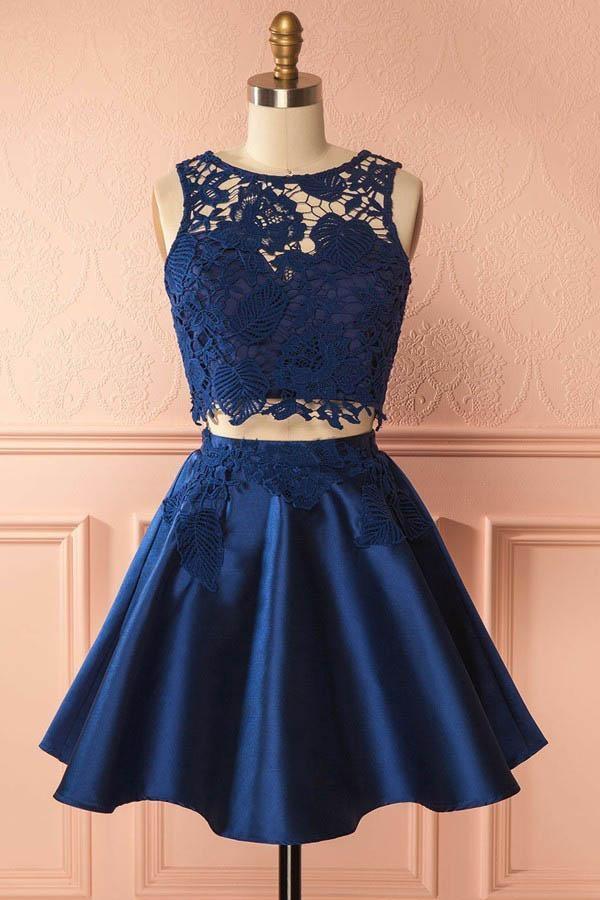 Two Piece Dark Blue Satin Cute Short A-Line Homecoming Dress with Lace Appliques RS130