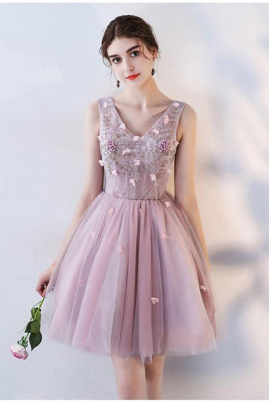 Princess Pink A Line V Neck Flowers Tulle Lace up Short Mini Homecoming Dresses RS877