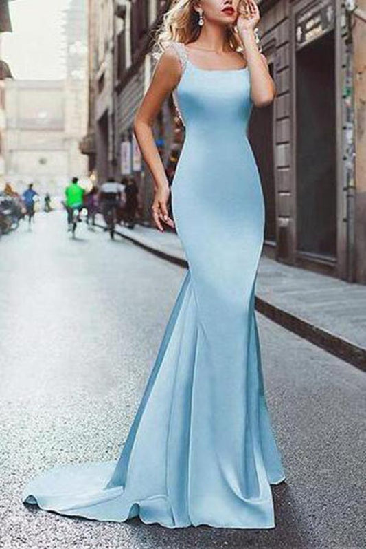 Elegant Amazing Beading Satin Scoop Mermaid Blue Backless Sleeveless Long Prom Dresses RS225