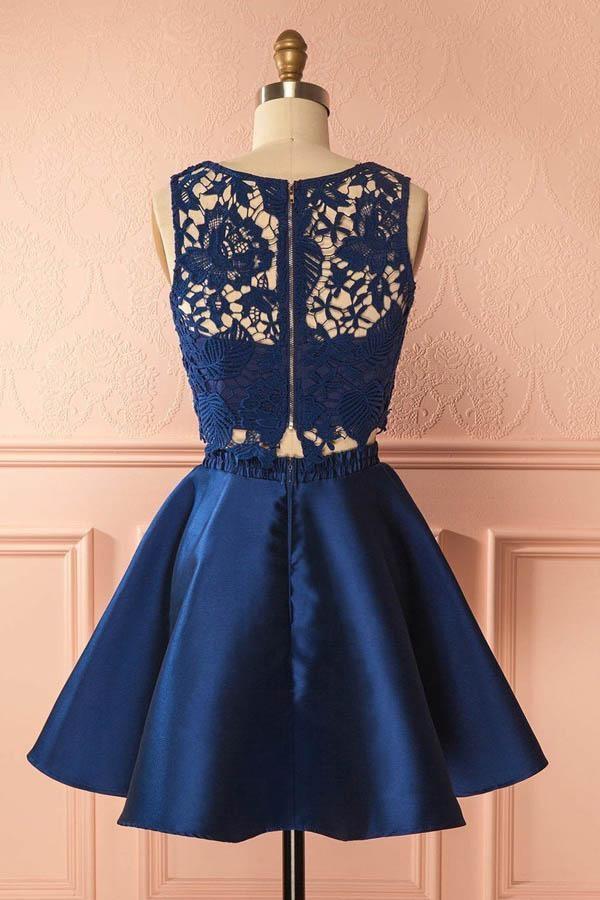 Two Piece Dark Blue Satin Cute Short A-Line Homecoming Dress with Lace Appliques RS130