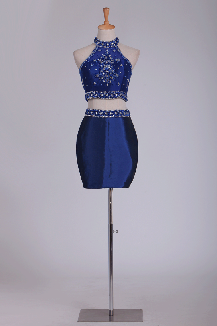 2024 Two Pieces Halter Homecoming Dresses Sheath With Beads Short/Mini Dark Royal Blue