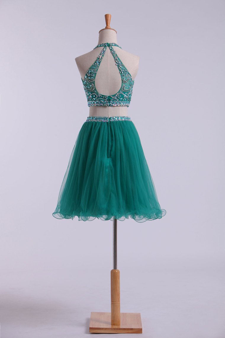 Halter Homecoming Dresses Two-Piece Beaded Bodice Tulle Short