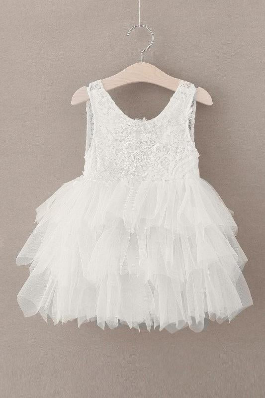 Cute Round Neck White Flower Girl Dresses Open Back Tulle Wedding Party Dresses SRS15136