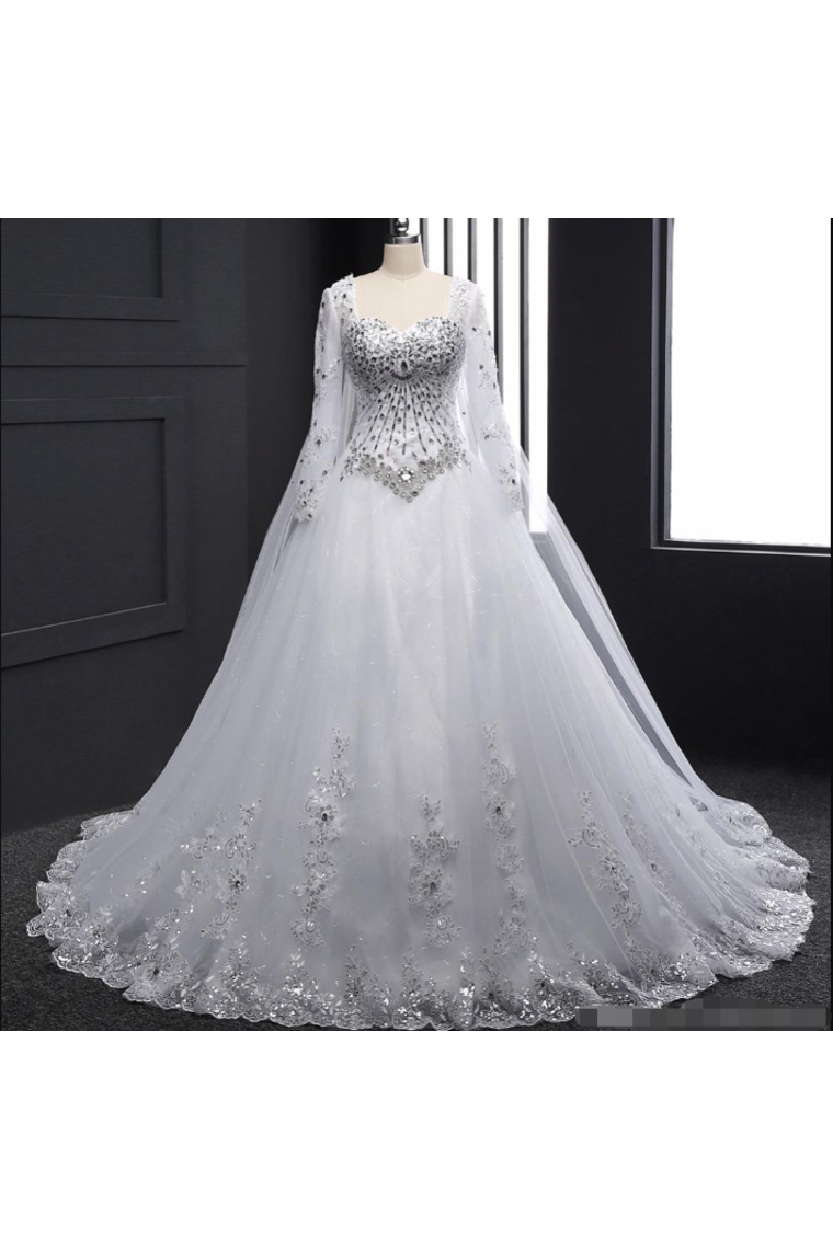 Sweetheart Wedding Dresses A Line With Beading Rhinestones Tulle Long Sleeves Chapel Train