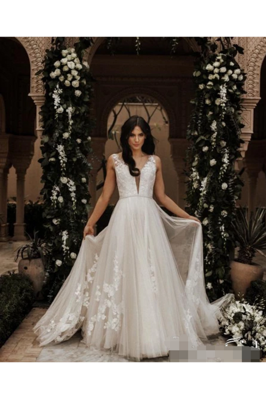 Sleeveless V-Neck & Rose Embroidery Full A-Line Wedding Dress